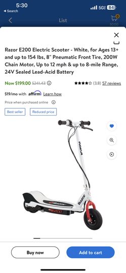 Razor E200 Electric Scooter - White, for Ages 13+ and up to 154 Ibs, 8"