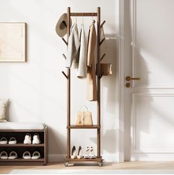 Solid Wood Coat Rack Freestanding - Rolling Clothes Rack with 8 Hooks & Shelves, Small Clothing Rack with Wheels, Heavy Duty Clothing Racks for Hangin