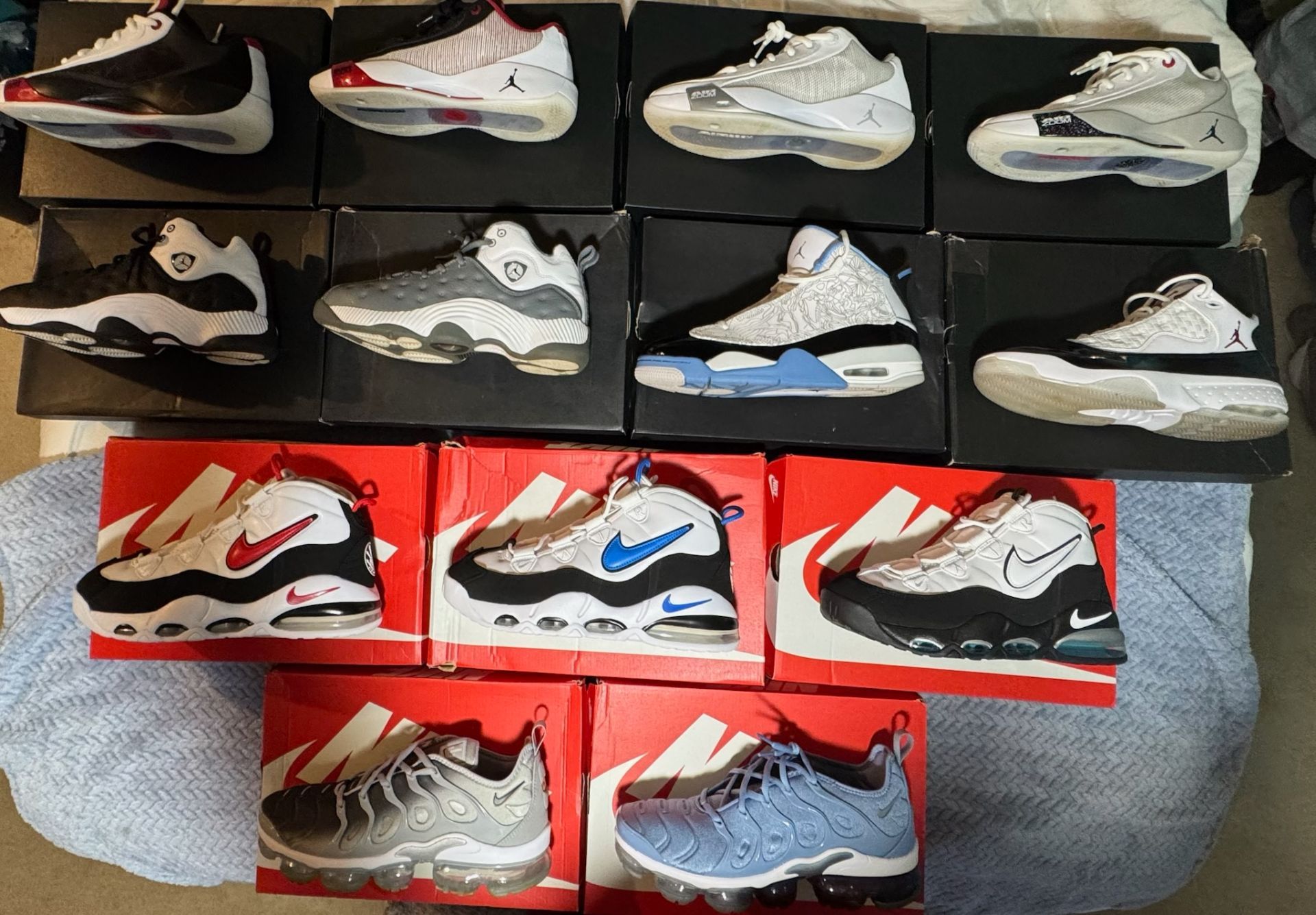 Set of 13 pairs of size 9.5s(12 pair) and 10s(1 pair) Nikes/Jordans SOLD ONLY AS A SET!