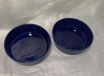 Vintage Deep Cobalt Blue Stoneware Dog Bowl Set of 2 Ceramic Pet Bowls Heavy 9”