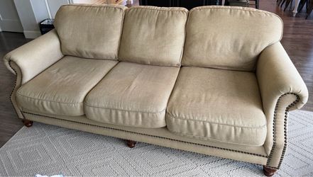 Beige Fabric Sofa with Nailhead Trim