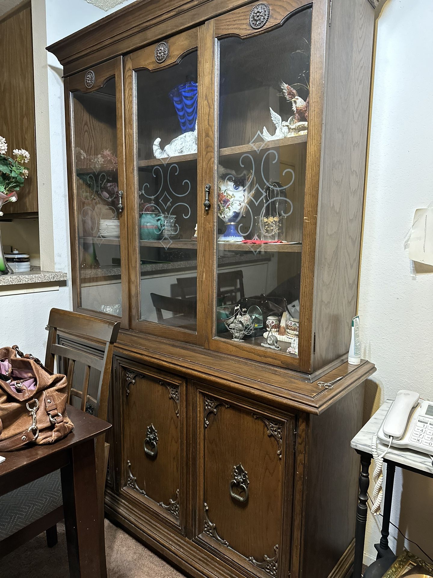 Vintage Oak Two Piece China Cabinet 