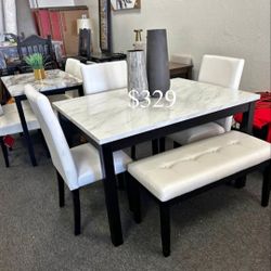 Beautiful! 5-pc Dining Table Set With Bench White Faux Marble Table Top