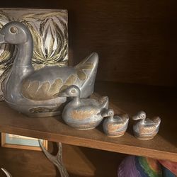 Vintage Pewter And Brass Ducks With Storage, Set Of 4. 1 Large, 1 Small And 2 Extra Small