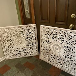 Large Hand-Carved White Wooden Wall Panels (Set of 2)