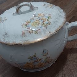 1800's Chamber Pot w/ Original Lid Beautiful Florals Hand-Tinted Designs 