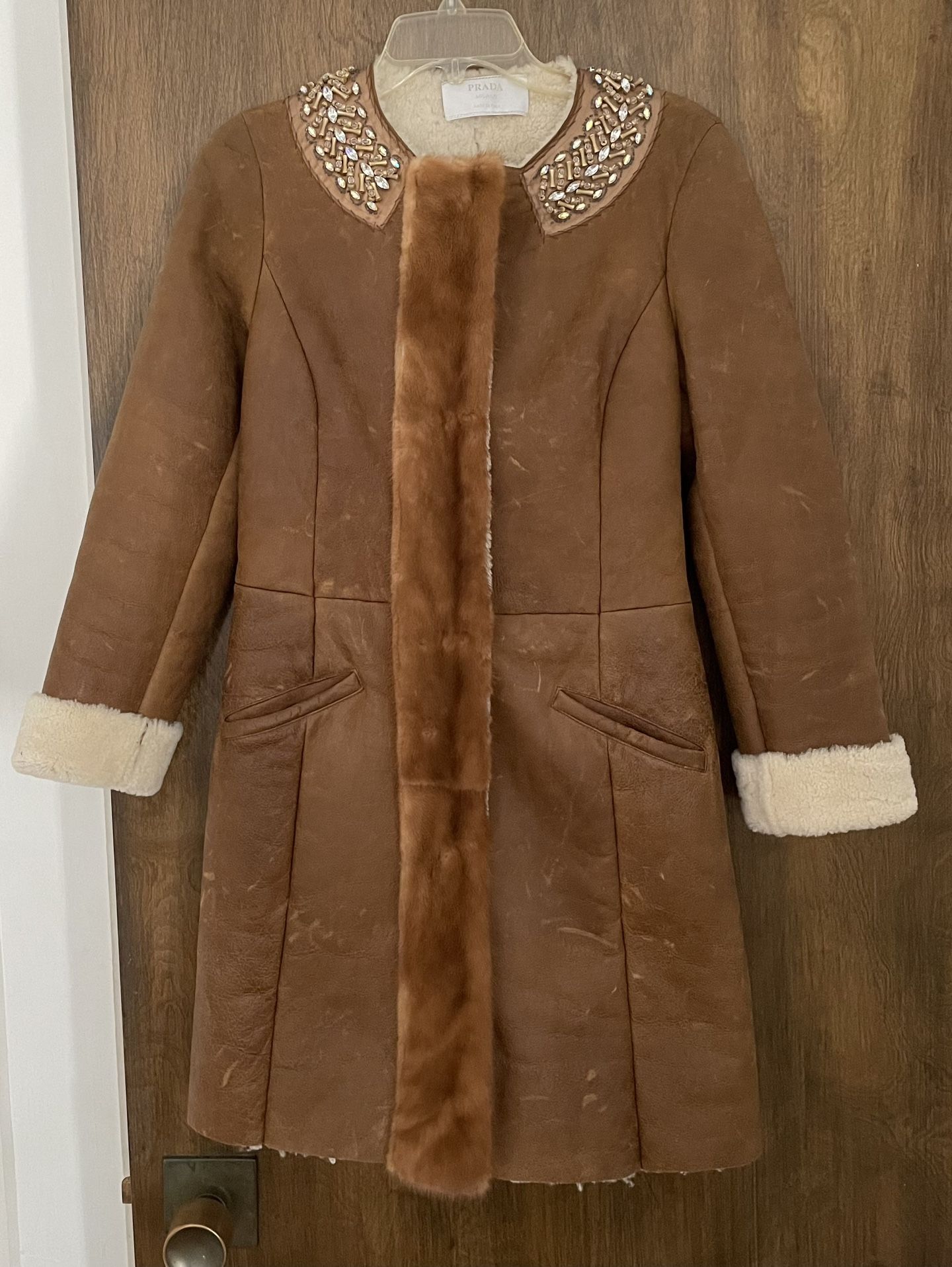 Prada Fall 2004 Runway Altered Shearling Coat With Mink Beading & Crystal Detailing, size 4