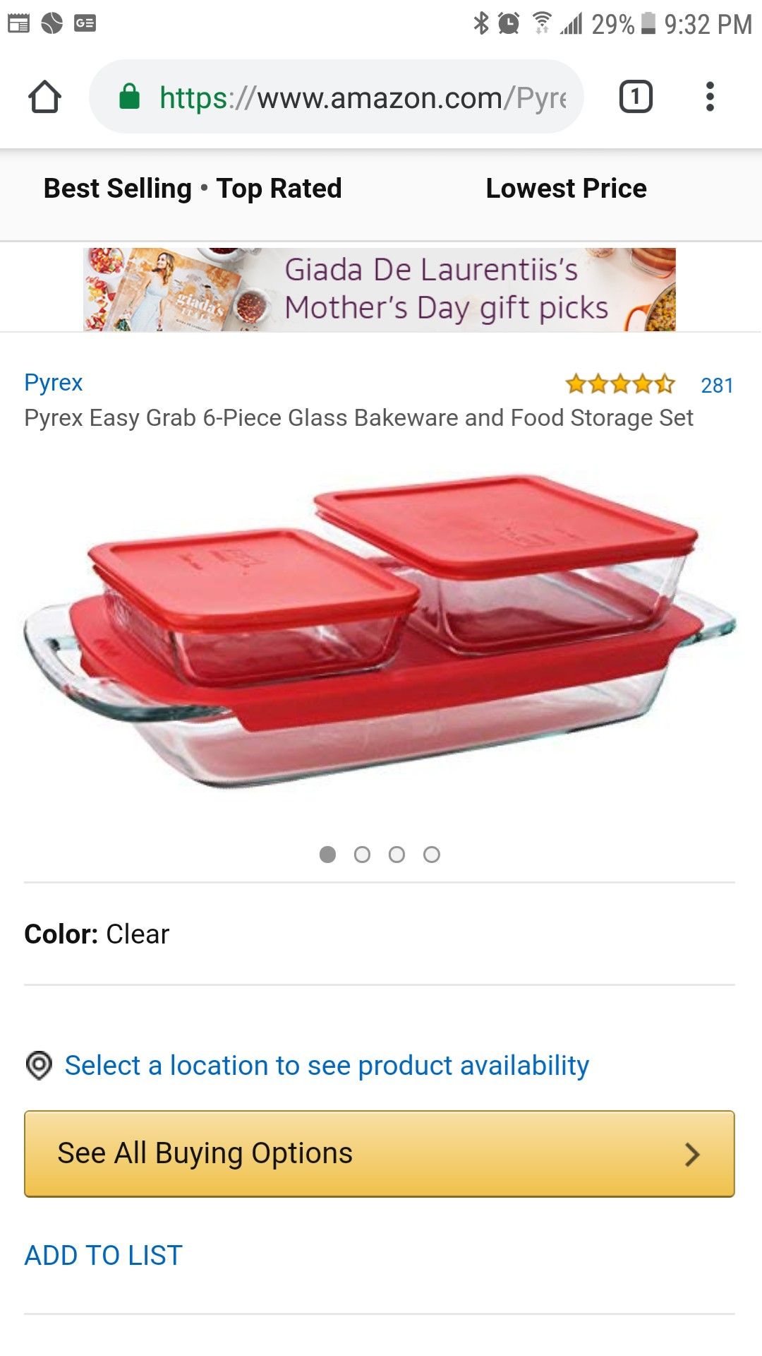 Pyrex Bake N Store 6-Piece Glass Bakeware and Storage Set with Red Lids