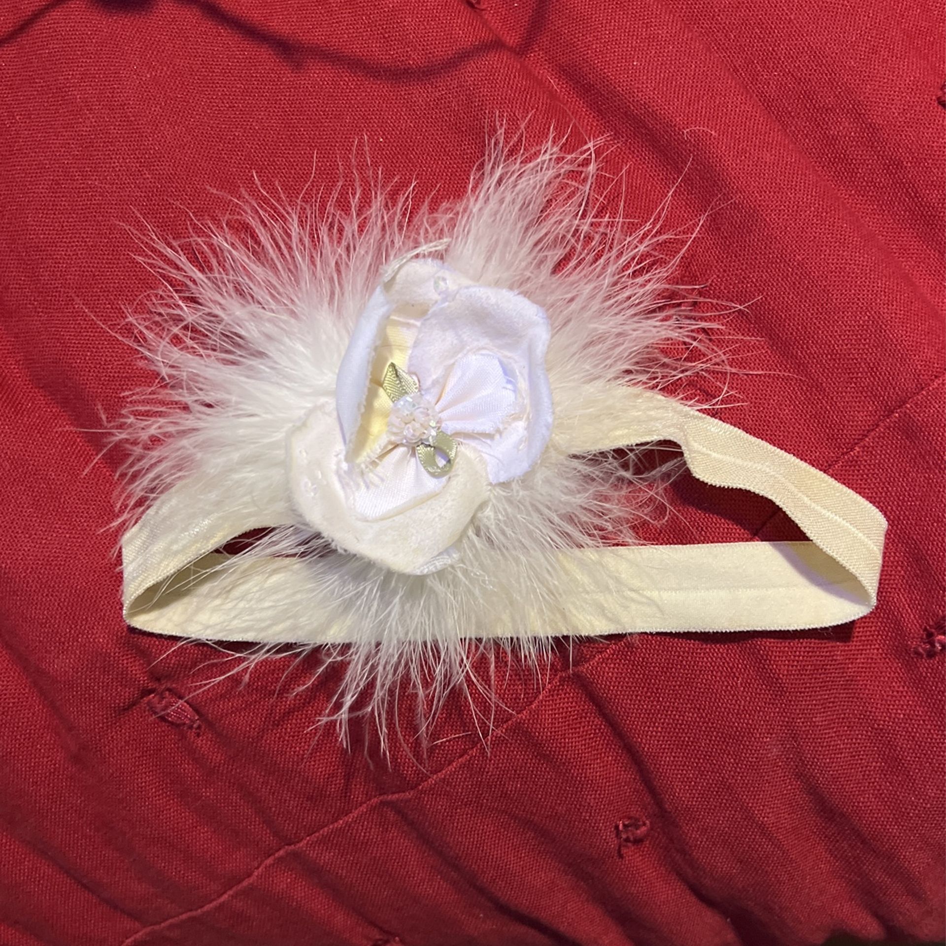 Baby Girls Head Piece Flower Feathers Beads Ribbon Ivory White Green