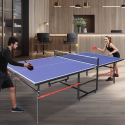 8ft Mid-Size Table Tennis Table Foldable & Portable Ping Pong Table Set for Indoor Games with Net, 2 Table Tennis Paddles and 3 Balls