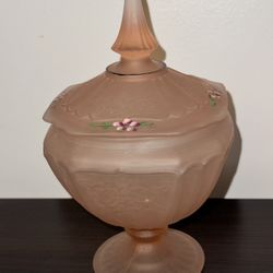 Pink Satin Depression Glass Handpainted Covered Dish