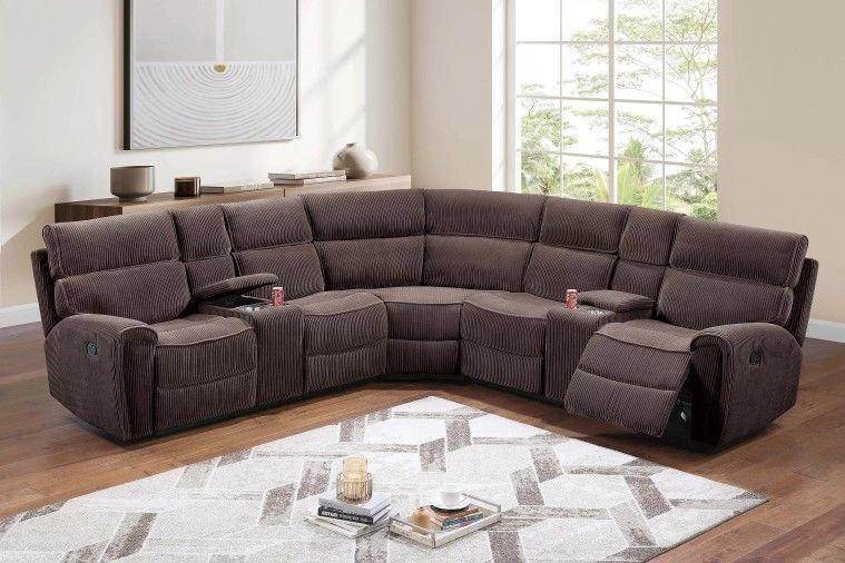 Brand New Brown Corduroy Reclining Sectional Sofa 