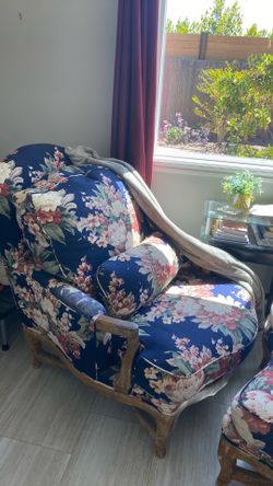 Gary Monselle Down Filled Chair and Ottoman - Navy Floral Classic Set