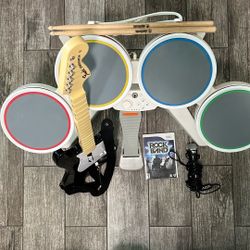 Nintendo Wii Rock Band Bundle Set Fender Guitar Dongle Drums Game Mic