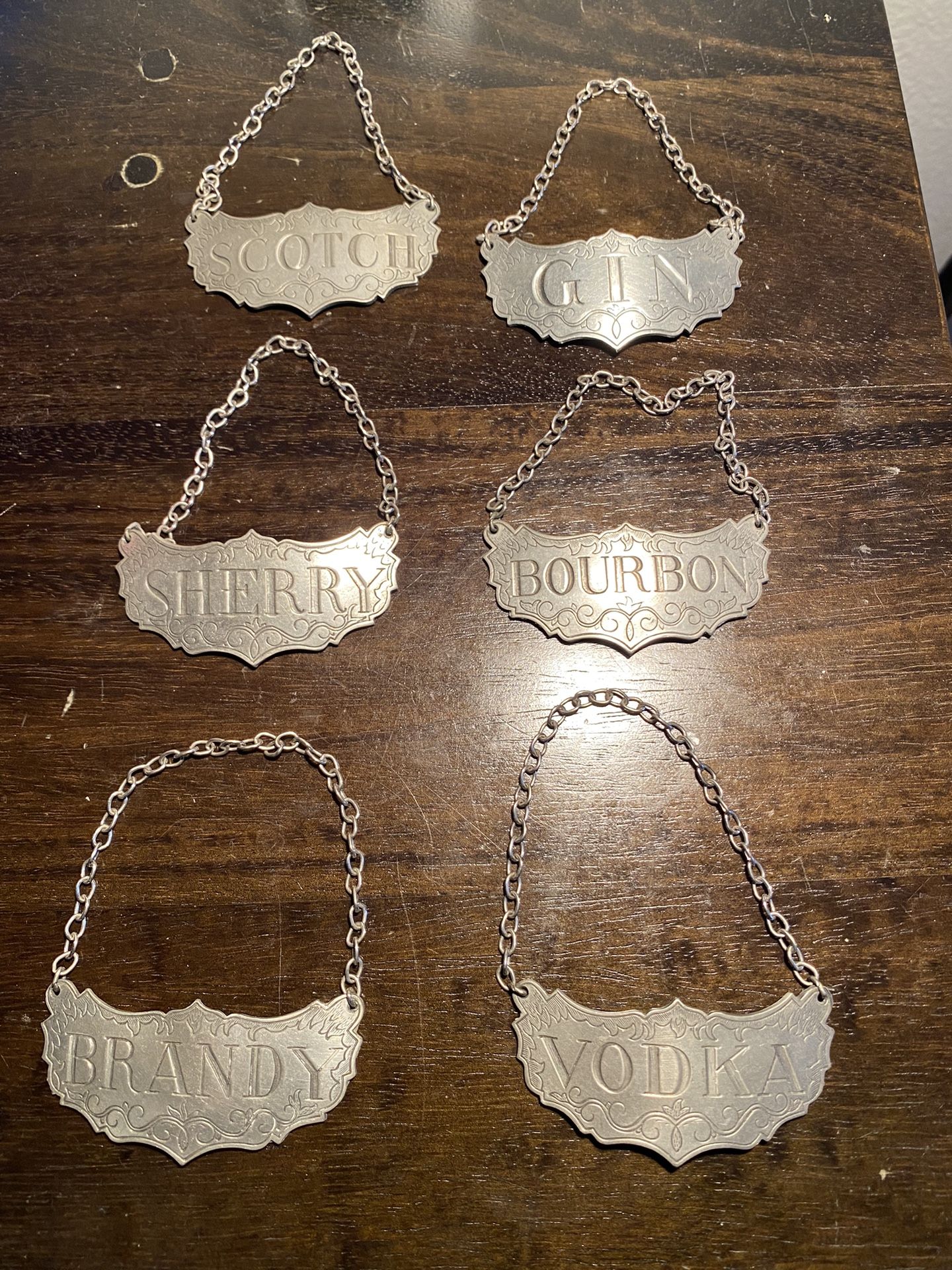 Vintage Boxed Set of 6 Steiff Pewter Liquor Decanter Tags