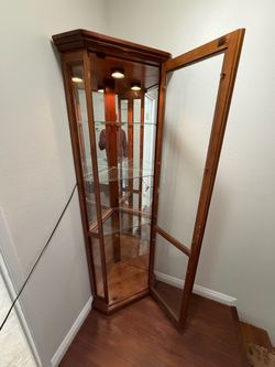 Lighted Wood and Glass Corner Unit