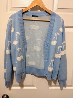 Nikka K Blue & Cream Cherry Knit Cardigan Sweater Size Small