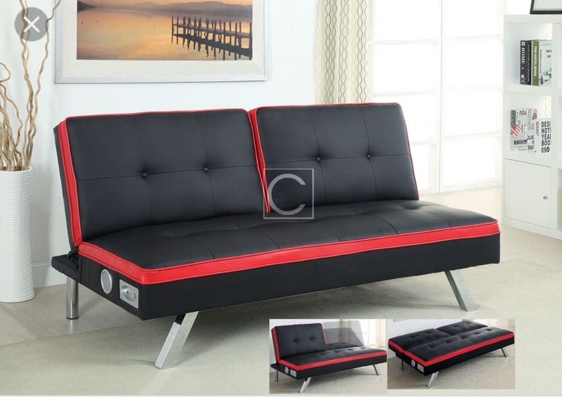 Red & Black Leatherette Futon Sofa Bed + Wireless Bluetooth Speakers
