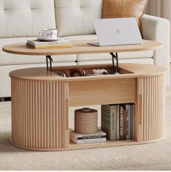 Nj-Linsy Home Lift Top Coffee Tabl e with Storage, Fluted Coffee Tabl e for Living Room with Open&Hidden Storage Space, Oak