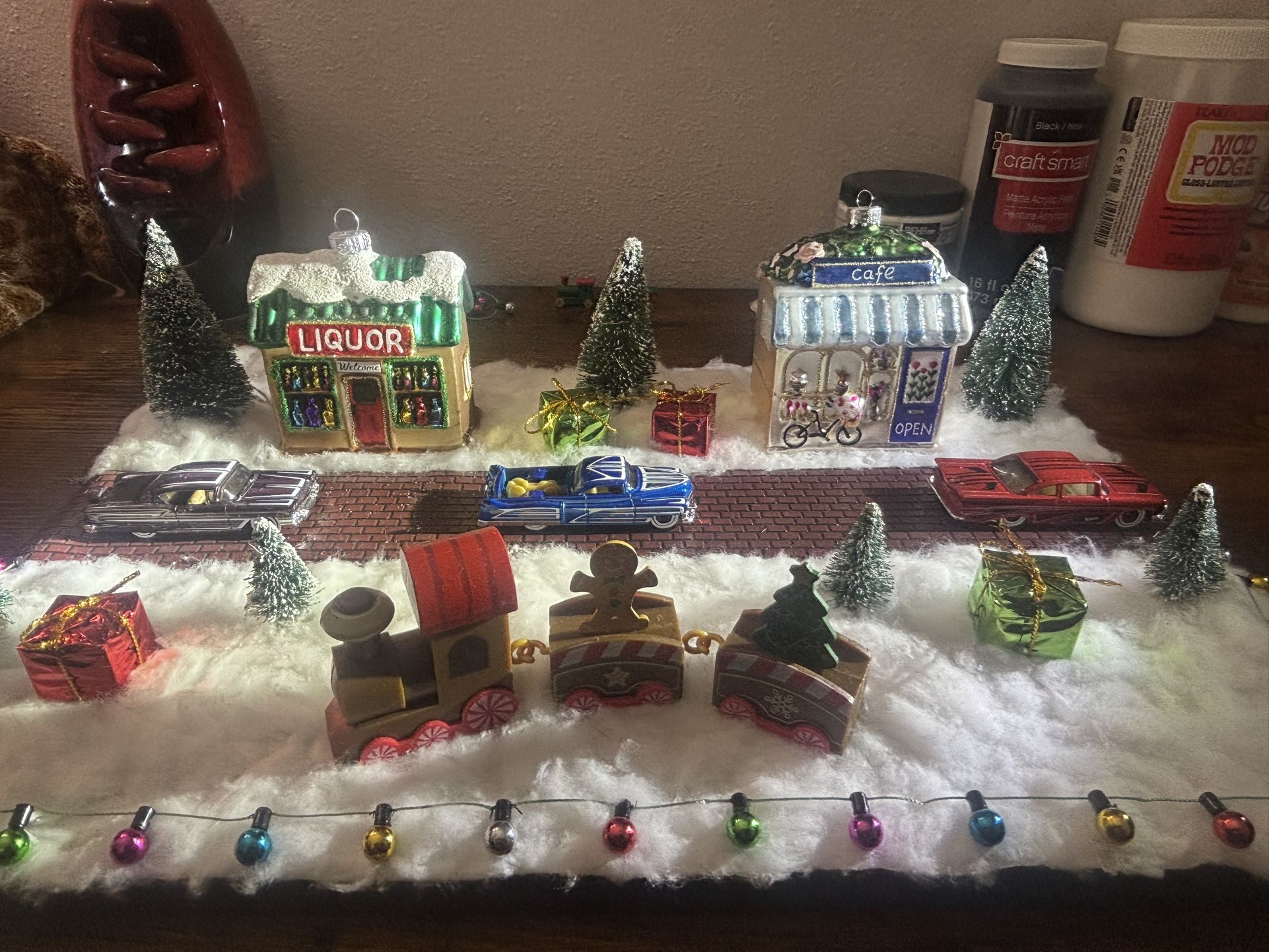 Handmade Christmas Village Diorama – Classic Car Street Scene With Train, Shops & Lights