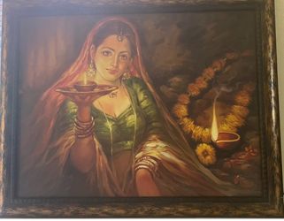 Large Framed Beautiful Indian lady with a Diya lighting up life - 39*31.7 inches