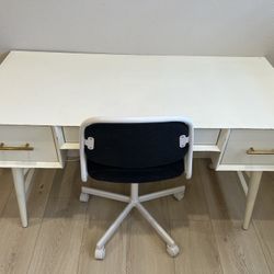 Real Wood White Desk with gold knob + chair
