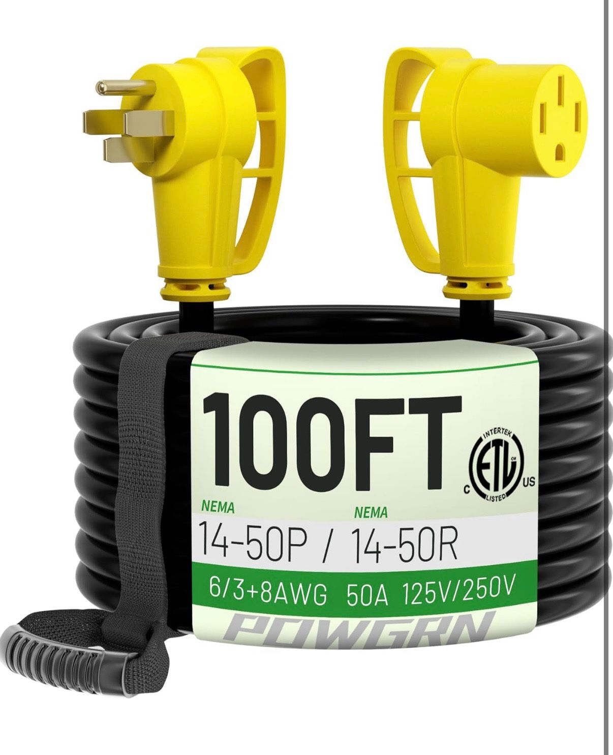 POWGRN 50 Amp RV/EV Extension Cord 100 FT Outdoor with Grip Handle, Flexible Heavy Duty 6/3+8/1 Gauge STW 4 Prong RV Power Cord Waterproof, NEMA 14-50