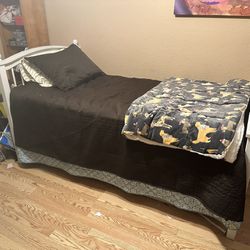 White Twin Bed With Frame, Slats, Mattress, Low Box Springs