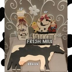 LOT OF 3 CHARMING COUNTRY FARM THEME WOODEN COW WALL ART
