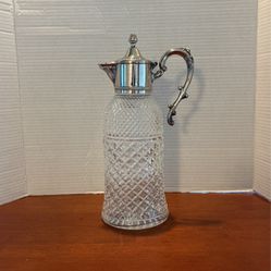 Vtg Crystal Carafe Water Pitcher Wine Decanter Silverplate Diamond Pattern Italy  13” X 5” L4