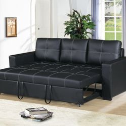 Brand New Black Leather Convertible Sofa Sleeper 