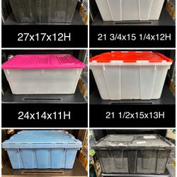2 Black Left. Plastic Storage Totes. $5 each. Plastic Storage Box with Lid. Plastic Tote. Need a cleaning.