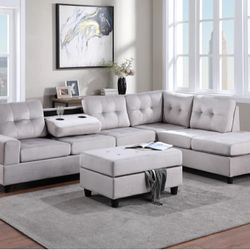 Heights Silver Velvet Reversible Sectional with Storage Ottoman / couch /Living room set
