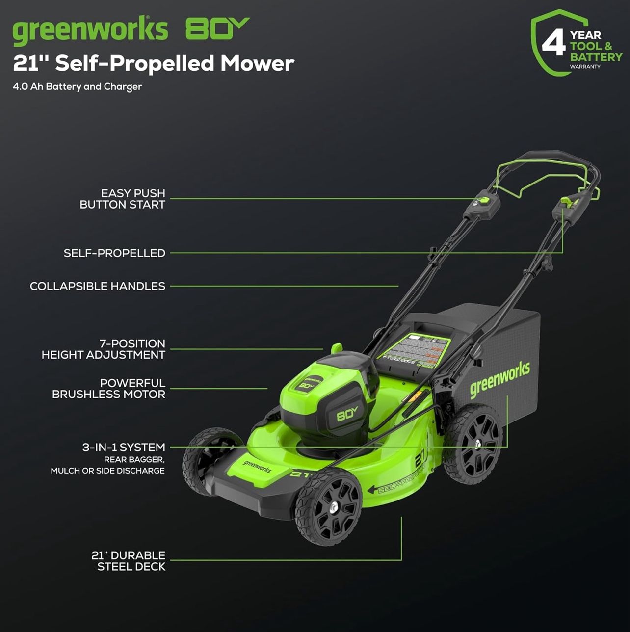 Greenworks 80V 21 Brushless Cordless (Self Propelled) Lawn Mower