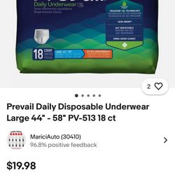 New Prevail Daily Disposable Underwear Large Extra 18 Ct Packs