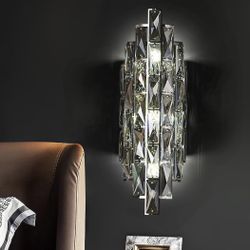 New Long 18.9” K9 Crystal Modern Wall Sconce, Smoky Gray Wall Light Fixture Luxury Indoor,Hardwired 