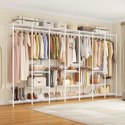 F7 Portable Metal Clothing Rack with Shelves & Hanging Rods, White Extra Large Freestanding Closet Organizer System, 122.0'' Wide Heavt Duty Industria
