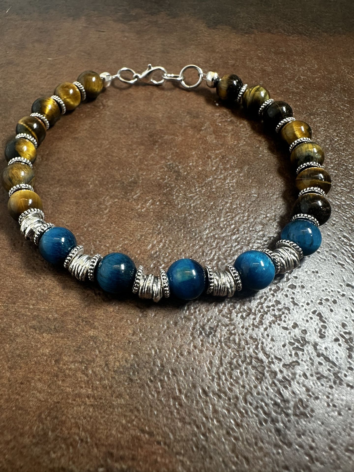 Blue and Brown Beaded Tigers Eye Bracelet with Polished Finish