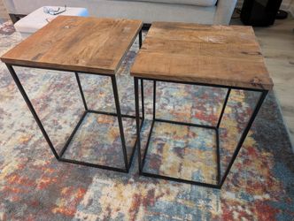 Industrial Square Accent Side Table with Wood Top (Set of 2)