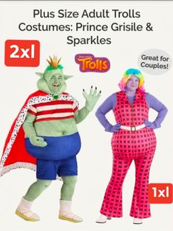 XL Trolls lady glittter sparkles and Prince Gristle Trolls Costume for Men 2xl HALLOWEEN COSTUME