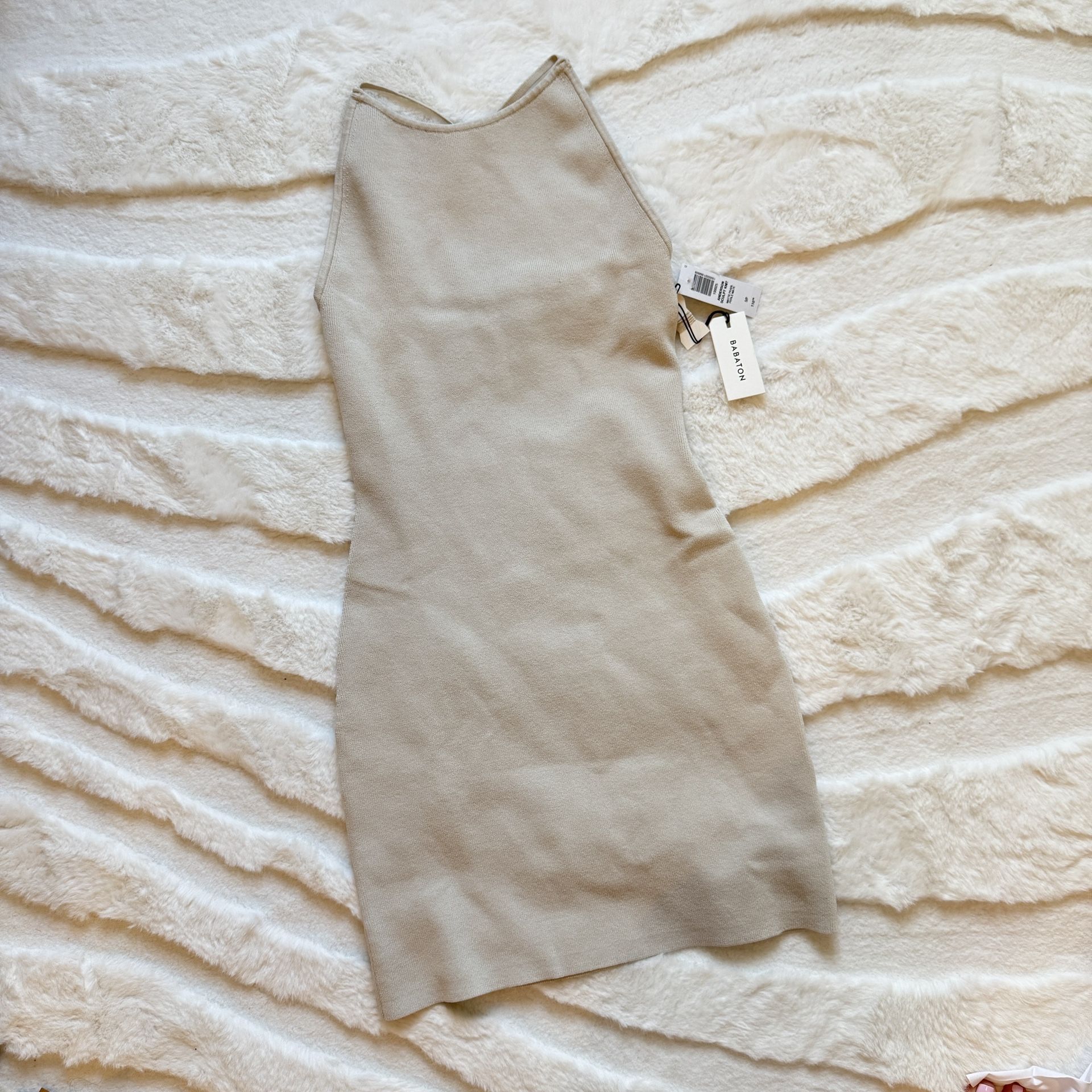 BNWT $110 ARITZIA BABATON Sculpt Knit Halter Mini Dress Matte Pearl S Ivory  Beige