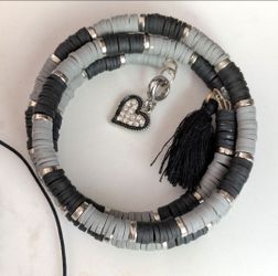 Heishi Clay Beaded Bracelet Black Gray and Silver with a heart