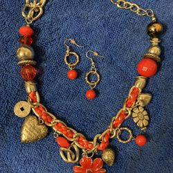 Necklace And Earrings /red And Silver