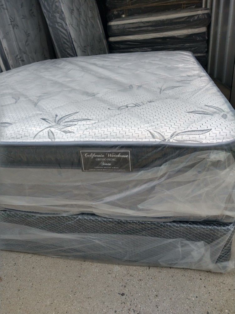 Queen Mattress With Box Spring Bamboo Pillow Top 12"Thick Orthopedic Brand New