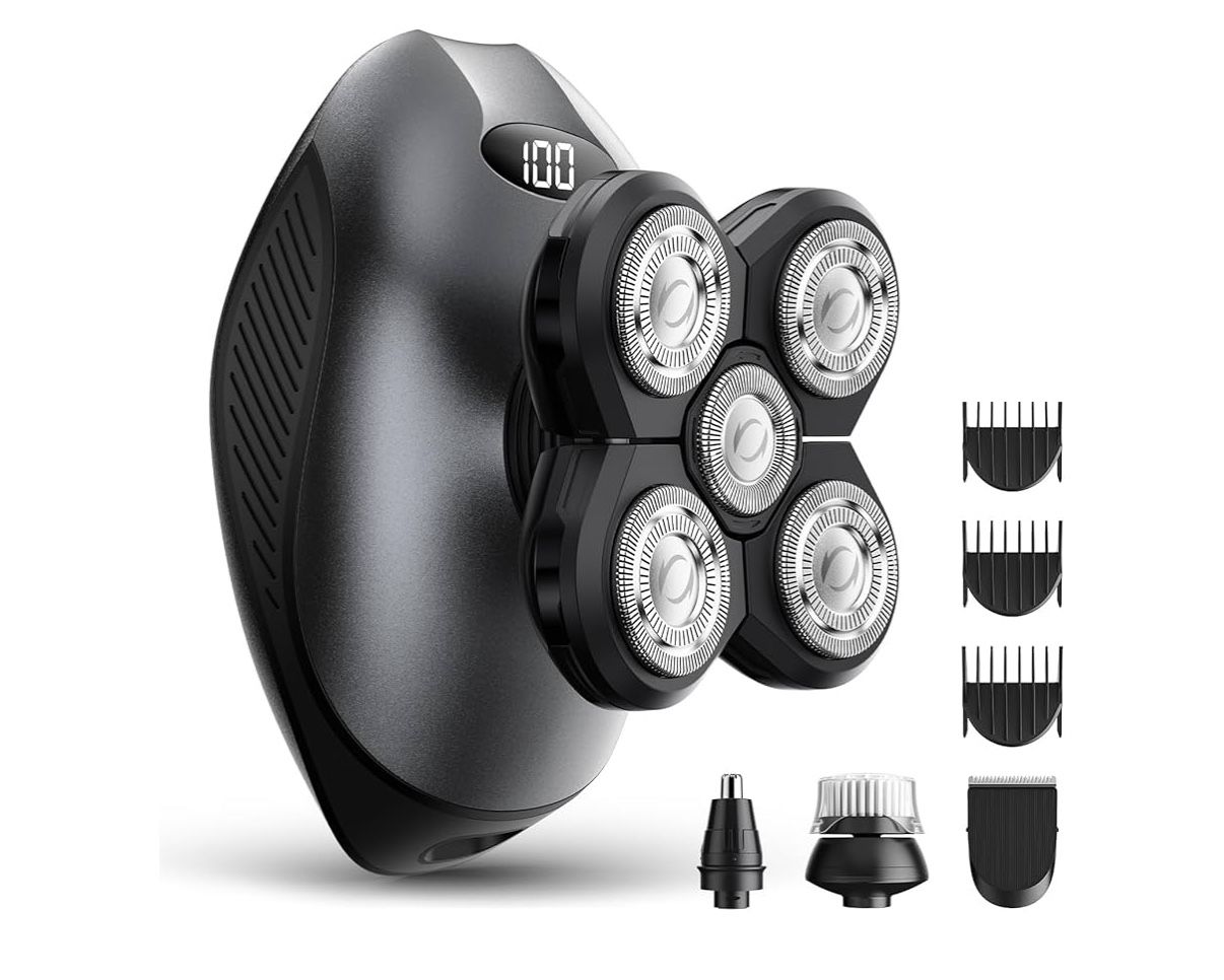 5 in 1 Electric Razor IPX7 Waterproof for Men, 5D Rotary Shaver, Wet Dry Bald Head Shavers, LED Display Rechargeable with Grooming Kit,for Head &