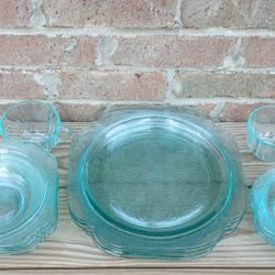 Vintage Indiana Glass Recollection Green Teal Dinnerware Set 