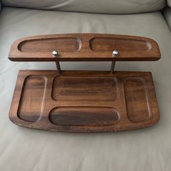 VINTAGE 1970’s WOODEN TWO TIER SHELF ACCESSORIES TRAY WITH 6 DIVIDED SECTIONS