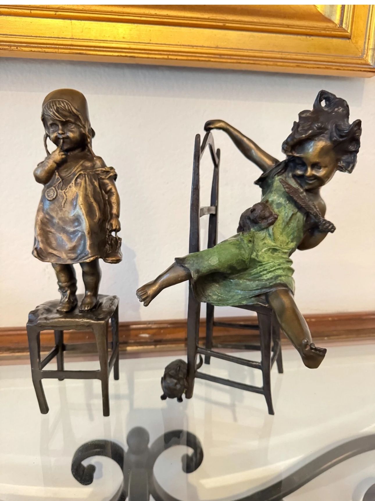 Original Signed Bronze Original Sculptures by Juan Clara – Antique Pair of Playful Girls