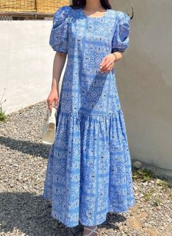 NEW Women’s Loose Maxi Dress Puff Sleeve In Blue Printed Size Back Zipper Size Small