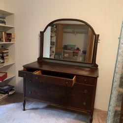 Antique Double Bed, Dresser, Mirror And Mattress Set. 